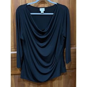 Jaclyn Smith Black Drape Cowl Neck Ruched Side 3/4 Sleeve Top XL